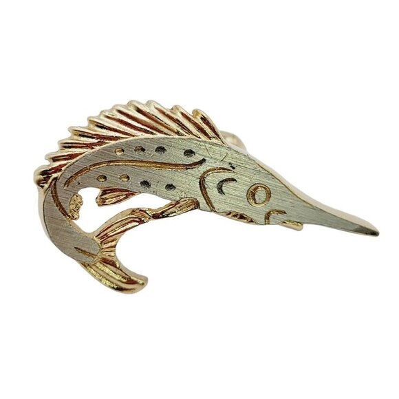 Vintage Sailfish Swordfish Tie Tack & Cuff Links Set Restored Silver Gold Tone - Picture 7 of 9